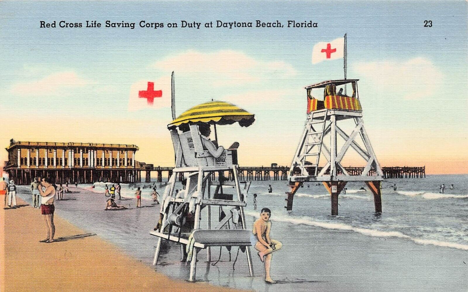 Daytona Beach Florida FL Sunglow Fishing Pier Red Cross Linen Vtg Postcard V5