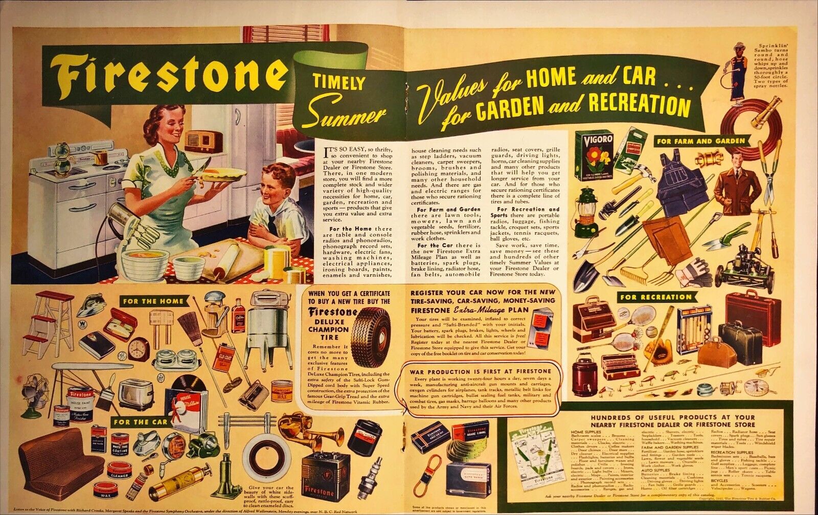 1942 Firestone Store Summer Values for Home and Car Vintage 2 Page Print Ad