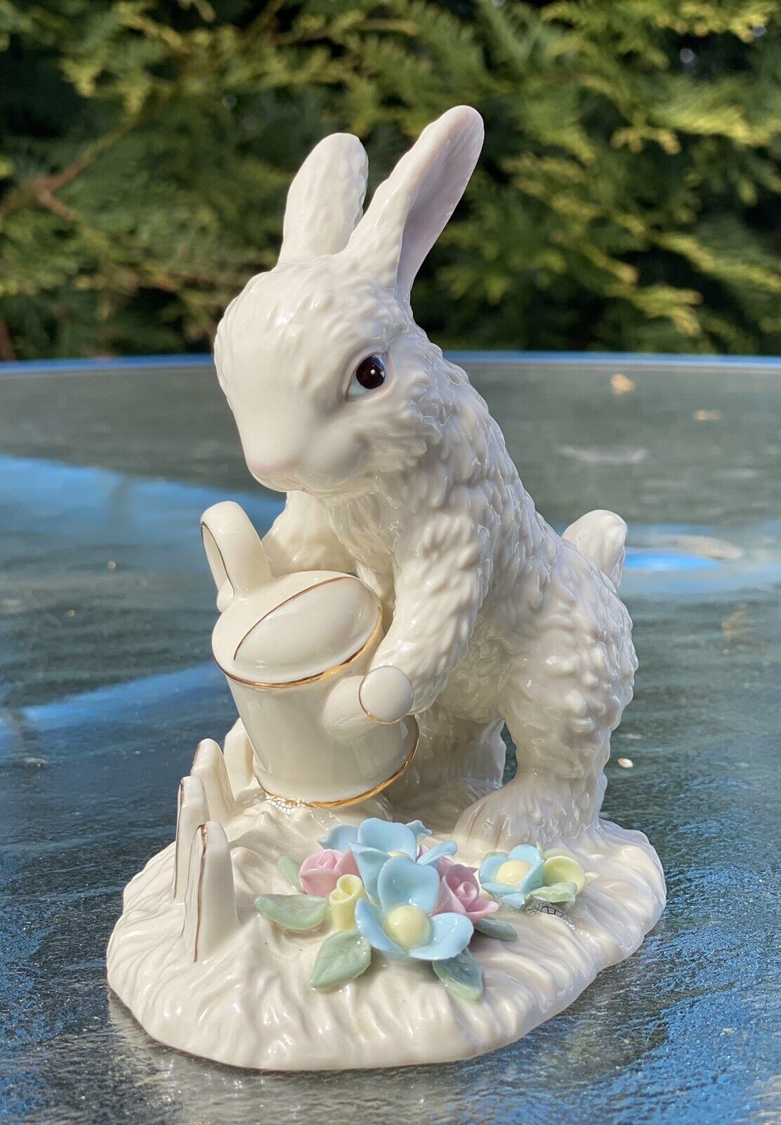 Lenox Porcelain Bunny With Watering Can in Colorful Detailed Flower Garden