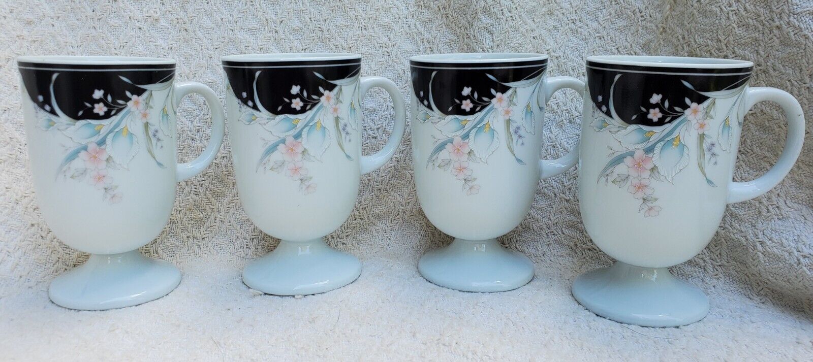 VTG Black Rhapsody Set Of 4 Porcelain Art Deco Pedestal Floral 9 Oz Coffee Mugs
