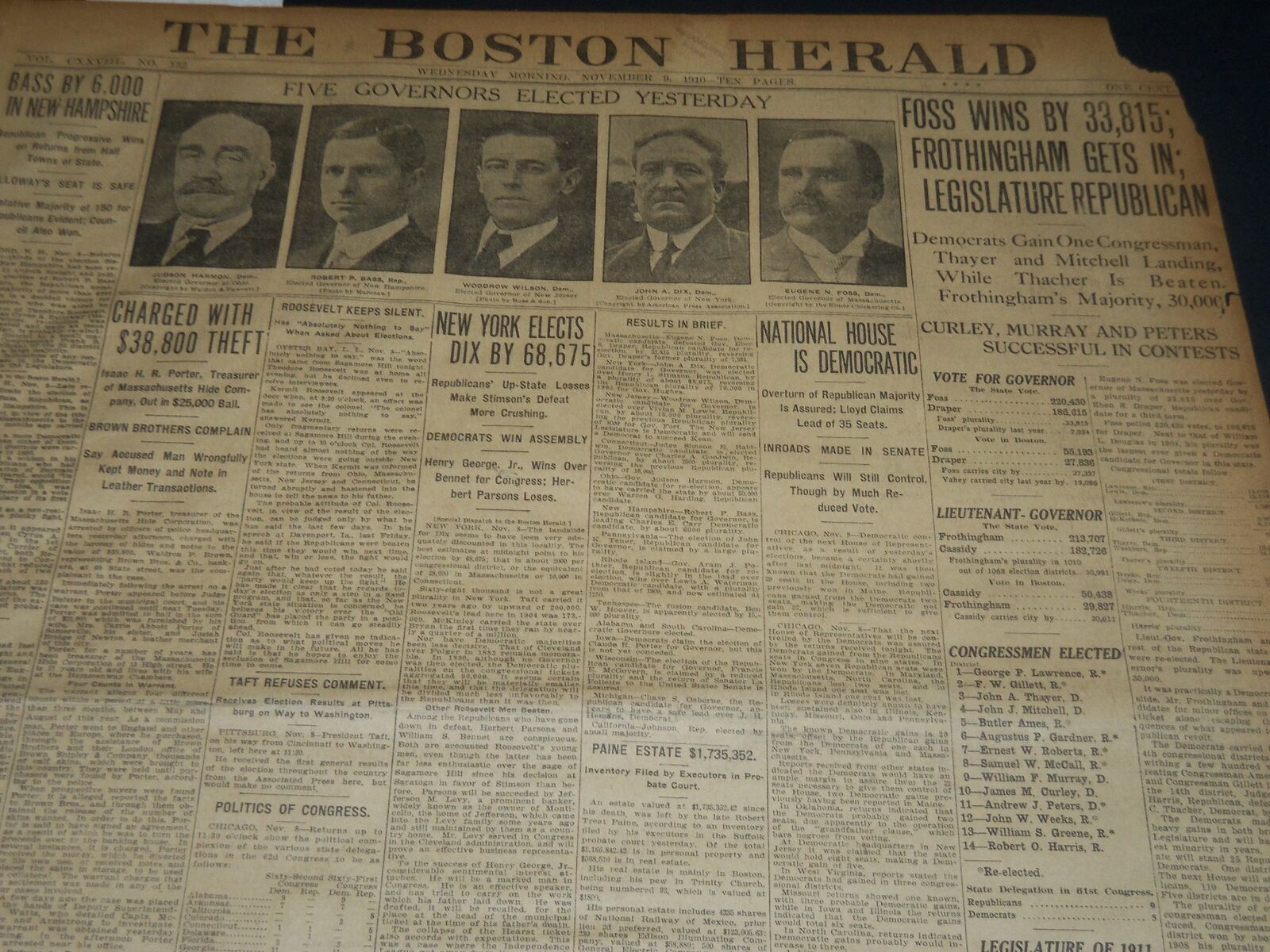 1910 NOV 9 THE BOSTON HERALD - FIVE GOVERNORS ELECTED YESTERDAY -WILSON - BH 285