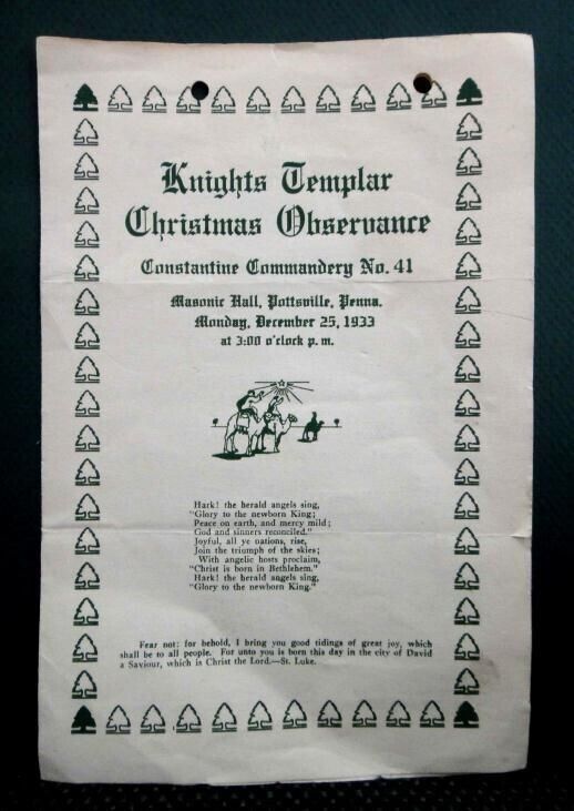 1933 vintage KNIGHTS TEMPLAR CHRISTMAS PROG constantine commandery POTTSVILLE PA