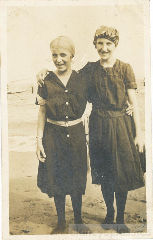 1916 Two Women Affectionate at the Beach Old FAshioned Swim Costumes