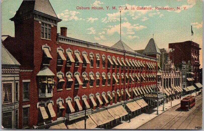 Vintage ROCHESTER, New York Postcard OSBURN HOUSE HOTEL Street View 1912 Cancel