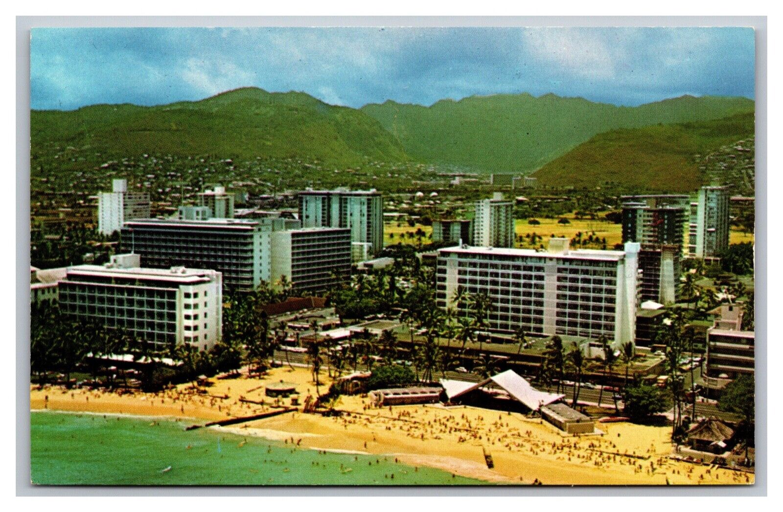 Honolu Hawaii Waikiki Kuhio Beach Hotels Aerial View Chrome Postcard