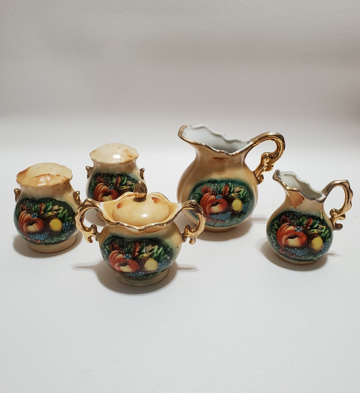 Vintage Enesco 6PC Mini Porcelain Set, Sugar & Creamer, Salt & Pepper Shakers