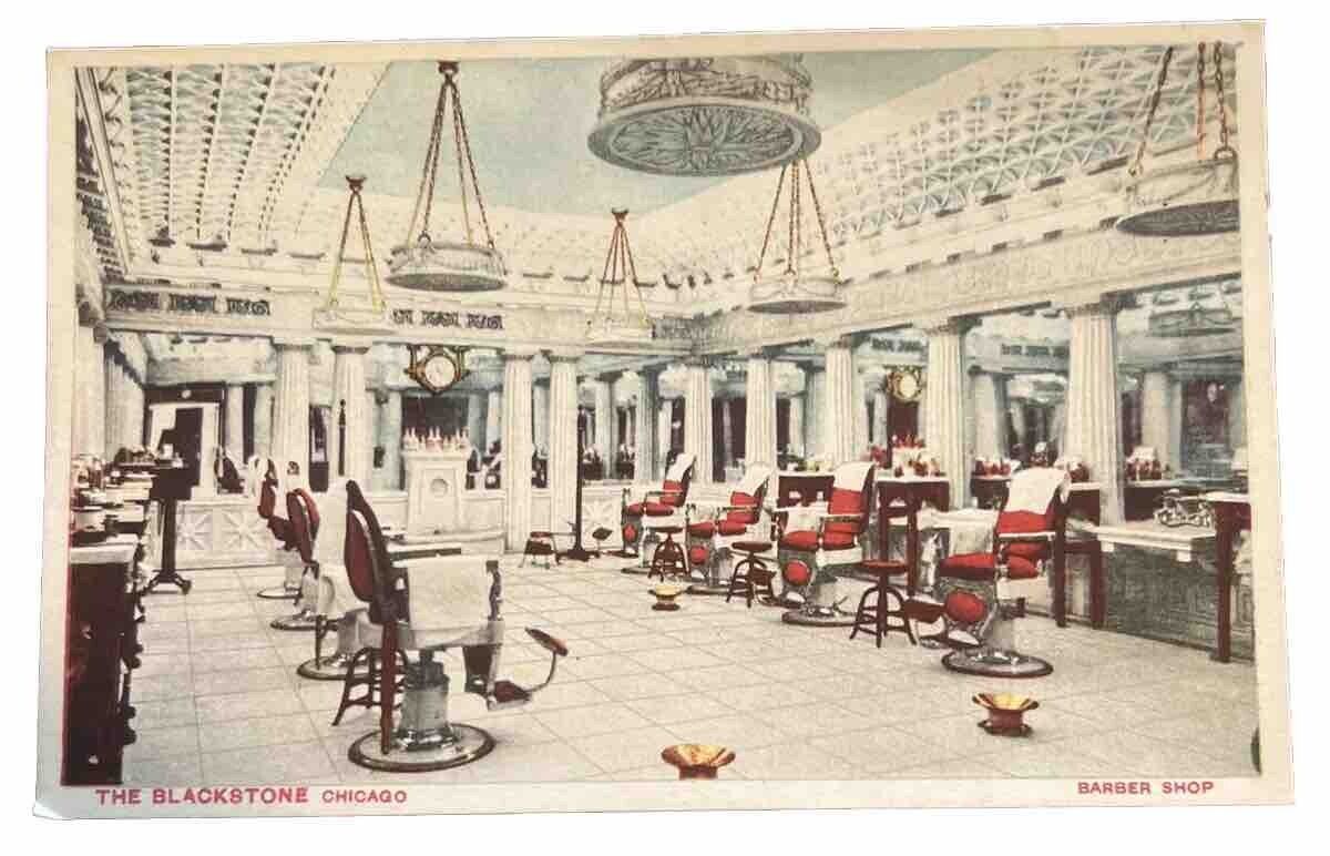 c1915 Postcard Barber Shop The Blackstone Chicago Spittoons Barber Chairs