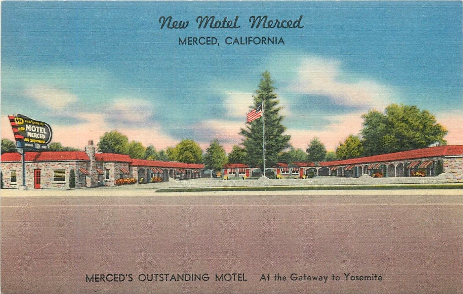 Postcard 1940s Merced California New Motel Merced flag linen occupation 24-6711