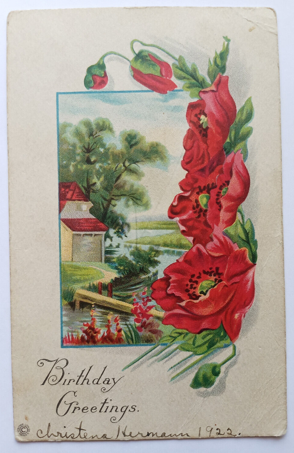 Antique 1922 Birthday Greetings House River Large Red Flowers Posted Postcard