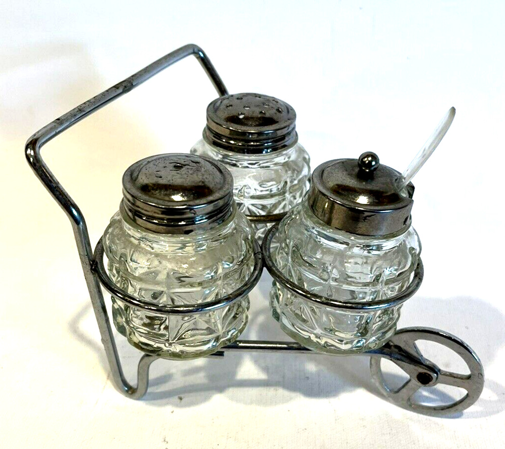 Vintage 1950s M331 Glass Salt, Pepper & Sugar/Jam Set w/ Metal Wheelbarrow Caddy