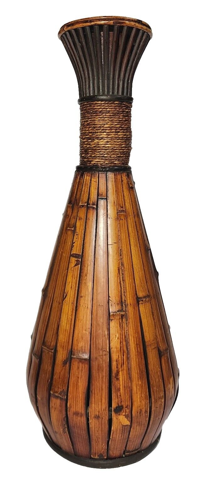 Vtg Tall Tropical Tiki Bamboo Wood Raffia Tall Floor Table Vase 23\