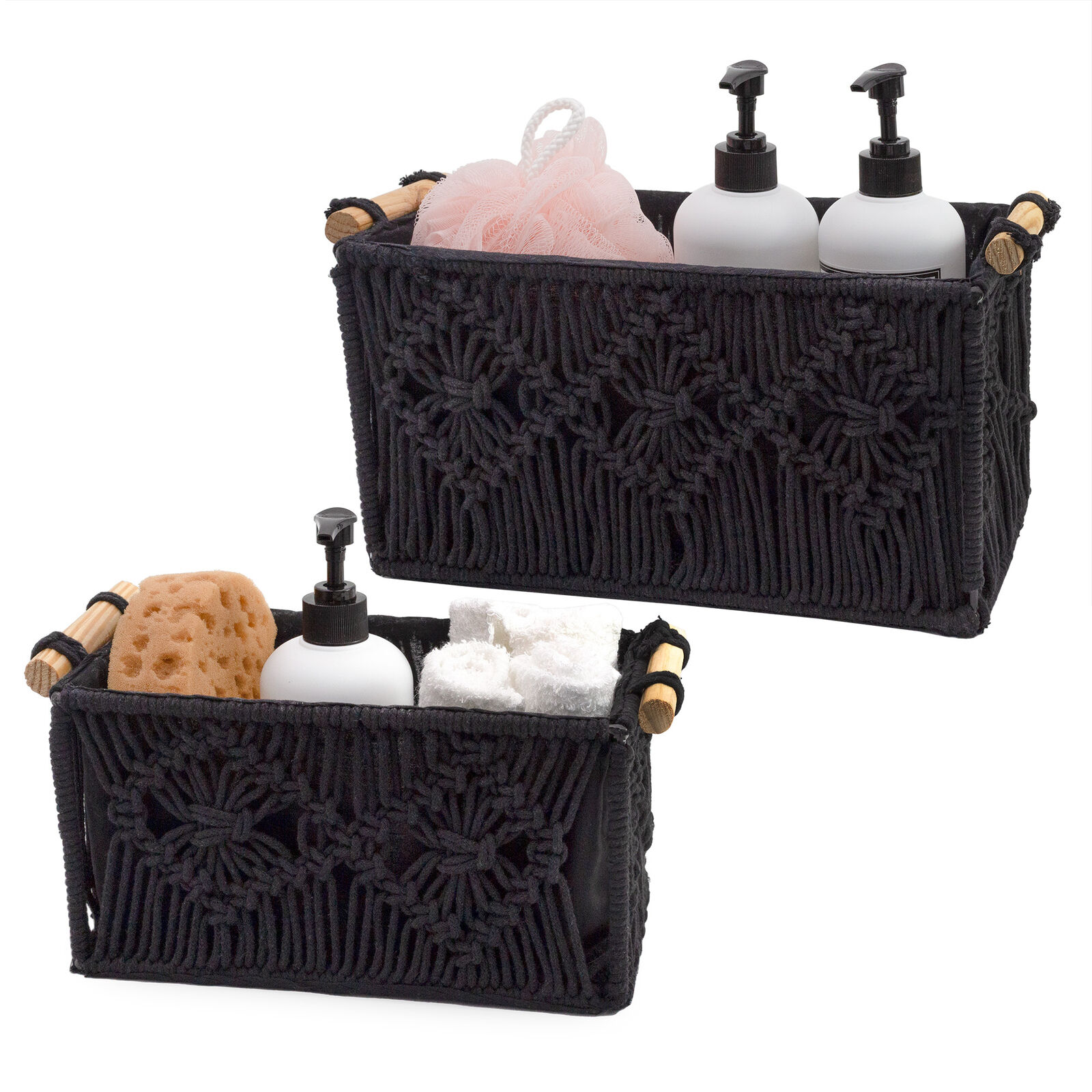 Black Boho Macrame Baskets 2pc Set, Decorative Storage Bins for Bathroom/Home