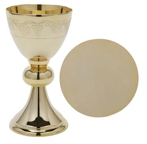 Church Brass 24kt Gold Interior Grape Etched Chalice and Paten Set 7 1/2 In