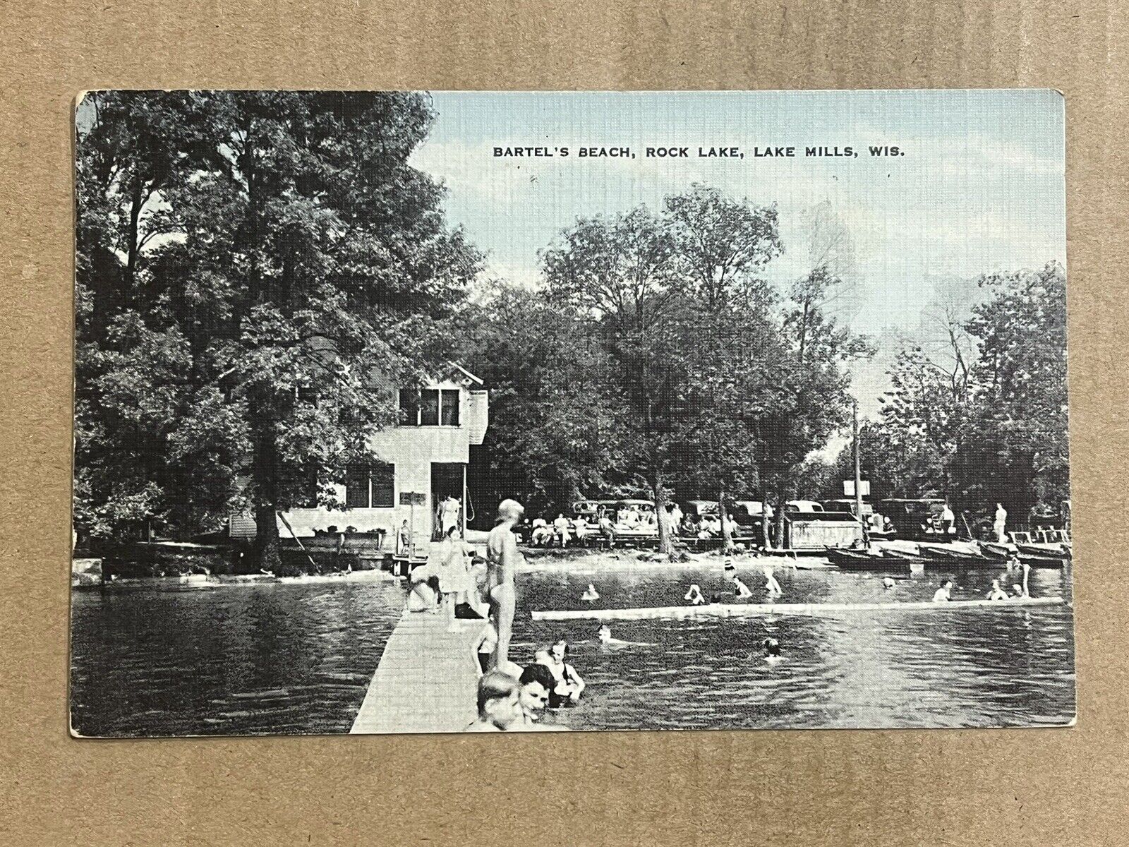 Postcard Lake Mills WI Wisconsin Bartel\'s Beach Rock Lake Vintage PC