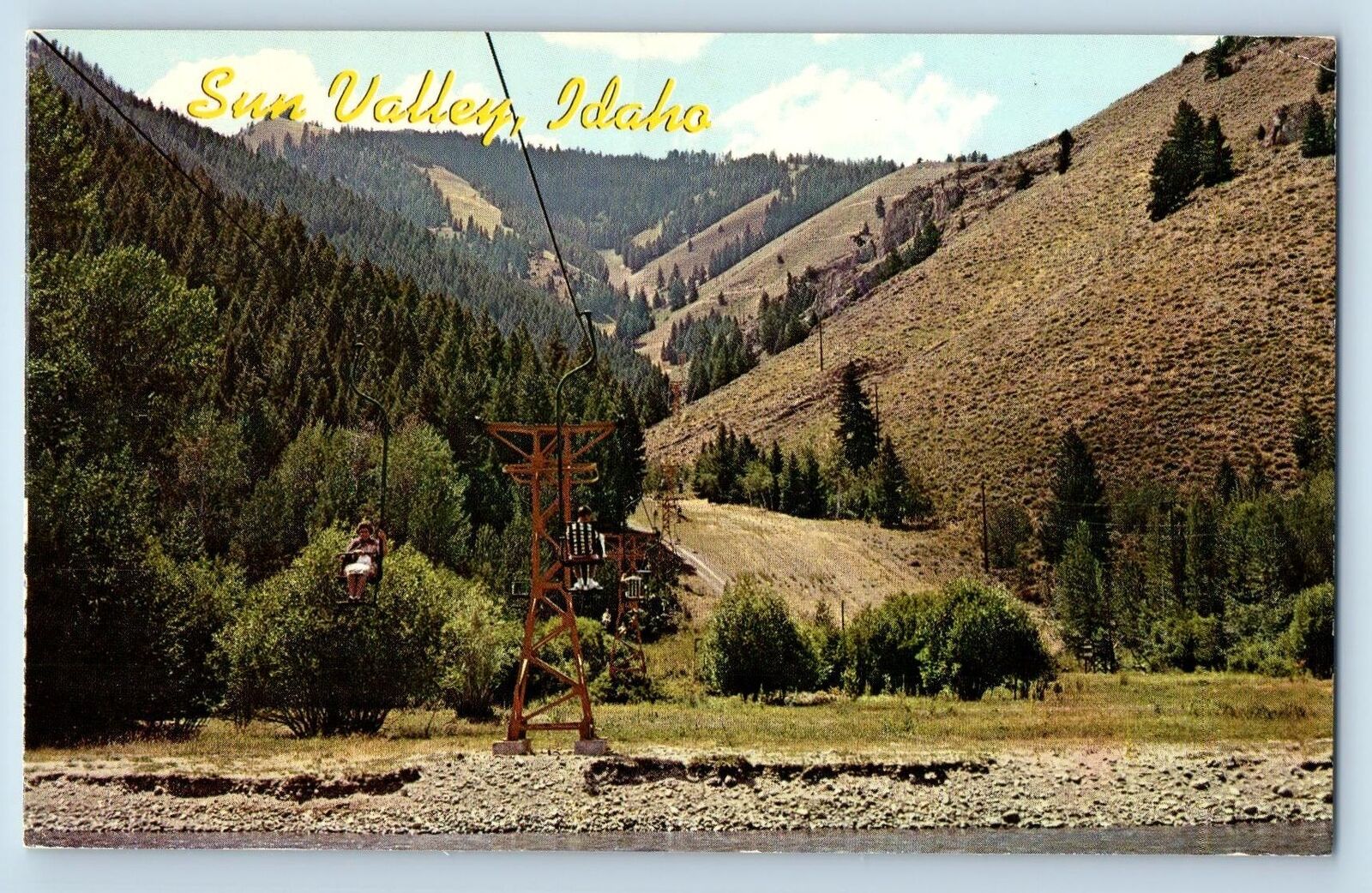 Sun Valley Idaho Postcard Tram Going Up Bald Mountain Scenic View 1970 Vintage