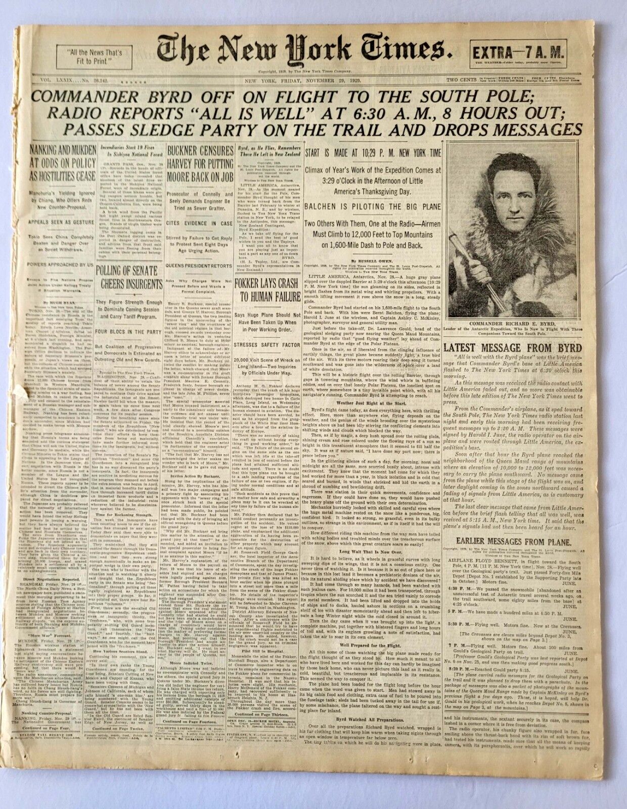 NEWSPAPER – NOV 1929 NY TIMES- ADMIRAL BRYD FLIGHT TO SOUTH POLE –COMPLETE ISSUE