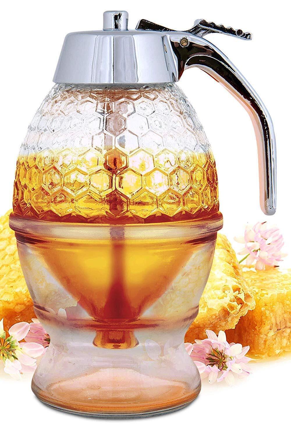 Hunnibi Honey Dispenser No Drip Glass - Maple Syrup Dispenser Glass - Beautiful