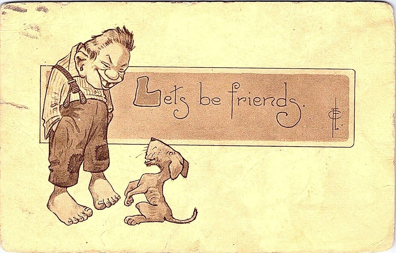 VINTAGE LET\'S BE FRIENDS MAN WITH A DOG POSTCARD KO