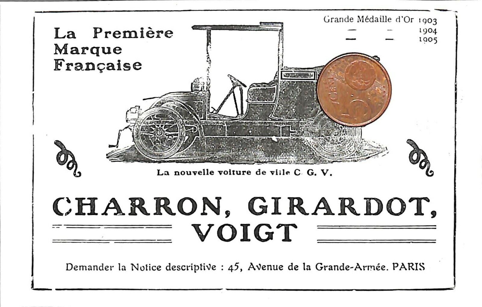 PUTEAUX (92) AUTOMOBILES CHARRON GIRARDOT VOIGT (CGV) ADVERTISING 1908