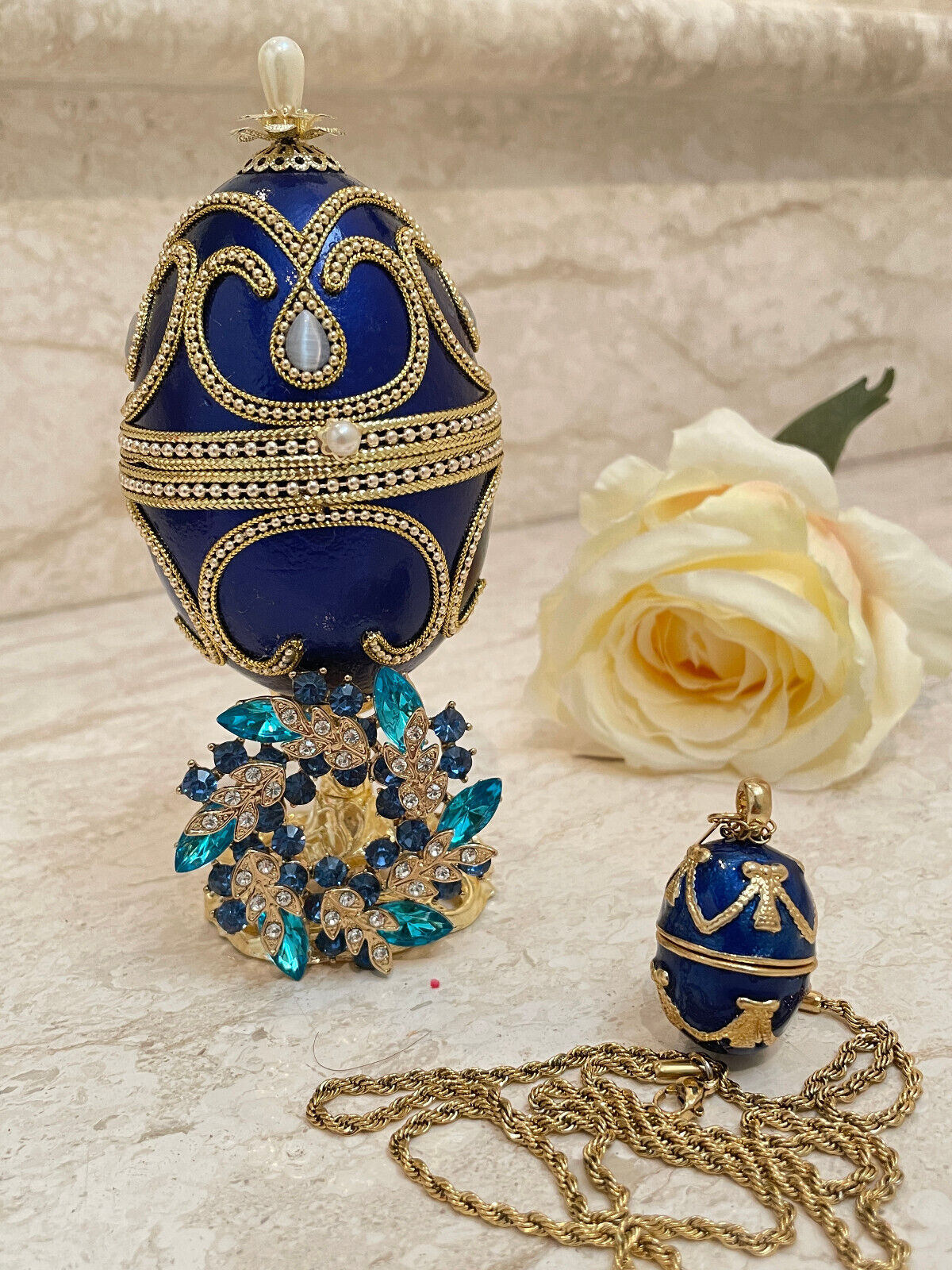 Imperial Faberge egg Music box PLUS Sapphire Faberge Necklace 24K GOLD Fabergé