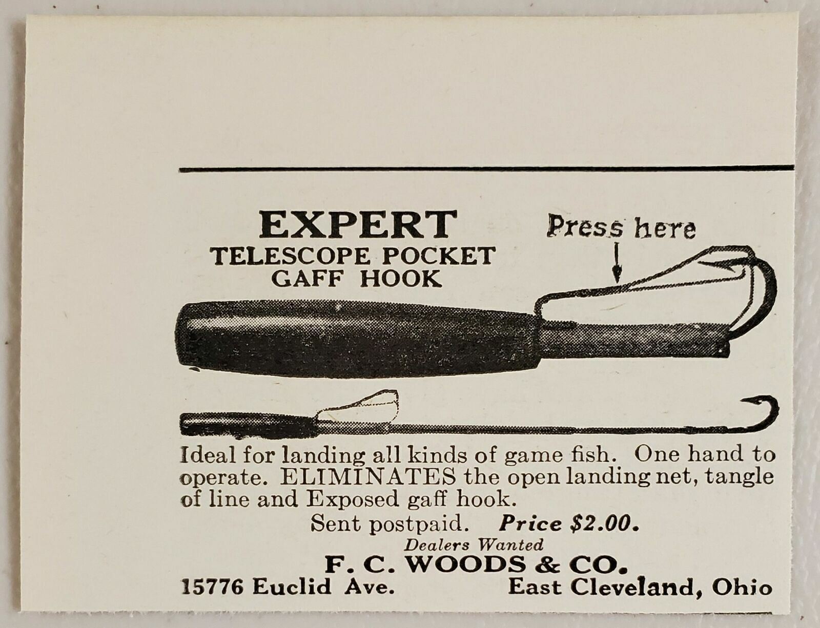 1928 Print Ad Expert Telescope Pocket Gaff Hook Fishing FC Woods E. Cleveland,OH