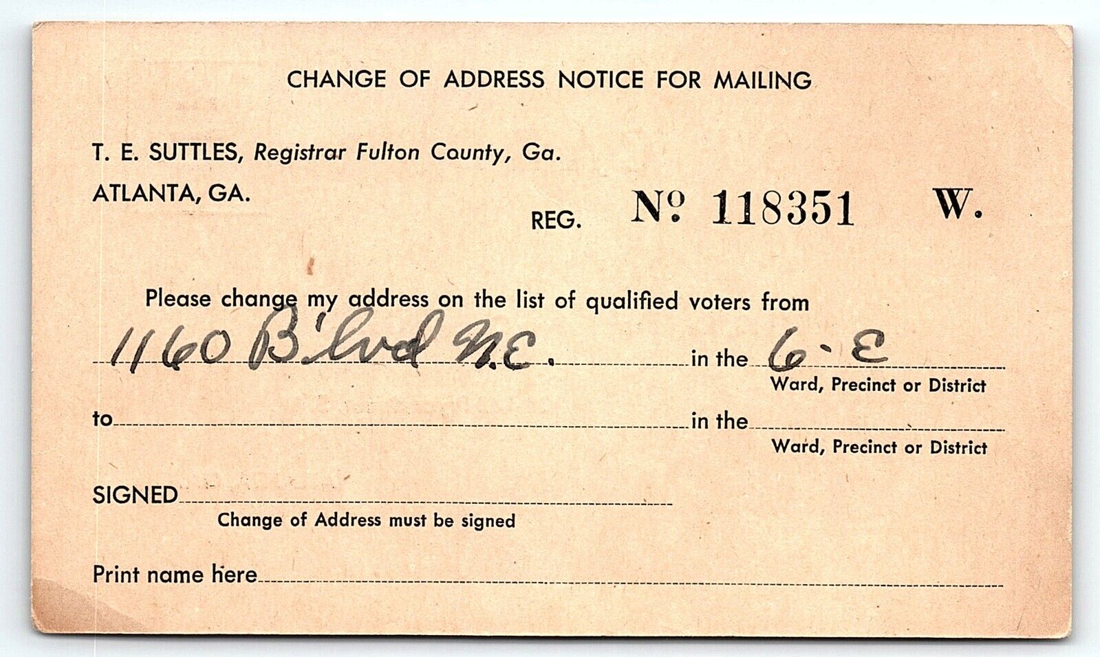 1940s FULTON COUNTY GEORGIA VOTER ADDRESS CHANGE T.E.SUTTLES POSTCARD 46-130