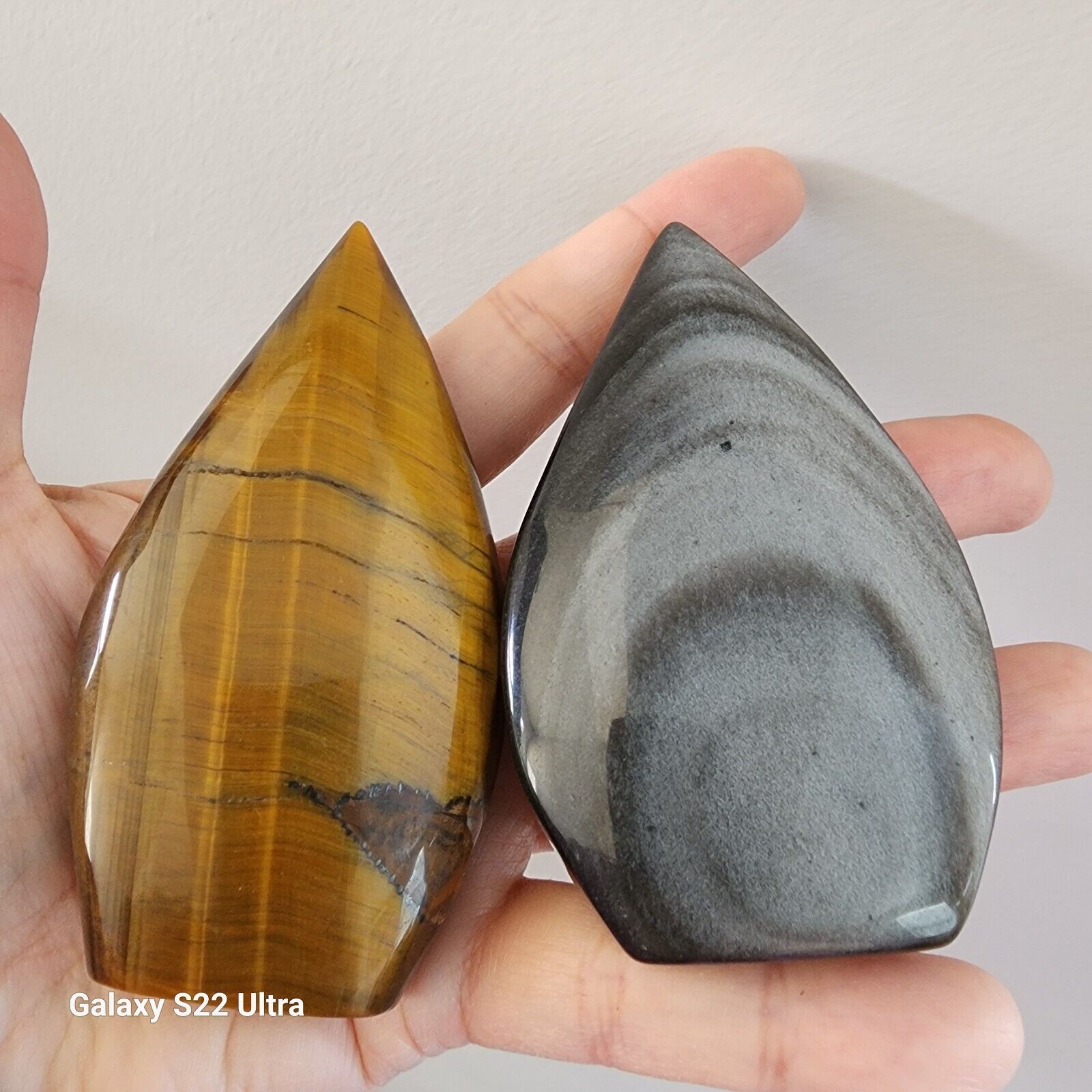Lot of 2 Polished Crystal Tiger Eye And Silver Sheen Obsidian Stone Flames