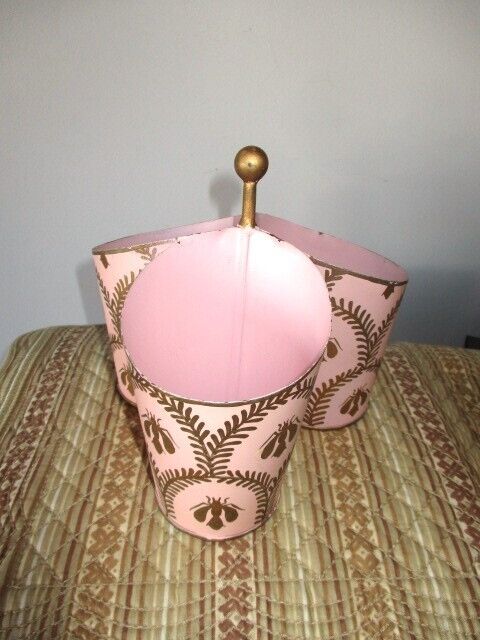Vintage Hand Painted Honey Bee Three Part Pink & Gold Vanity Tole Tray Caddy