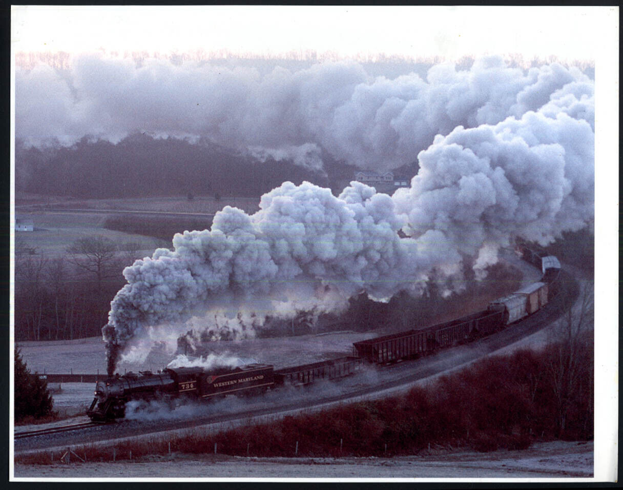 Western Maryland RR Baldwin 2-8-0 #734 pulling freight train color photograph