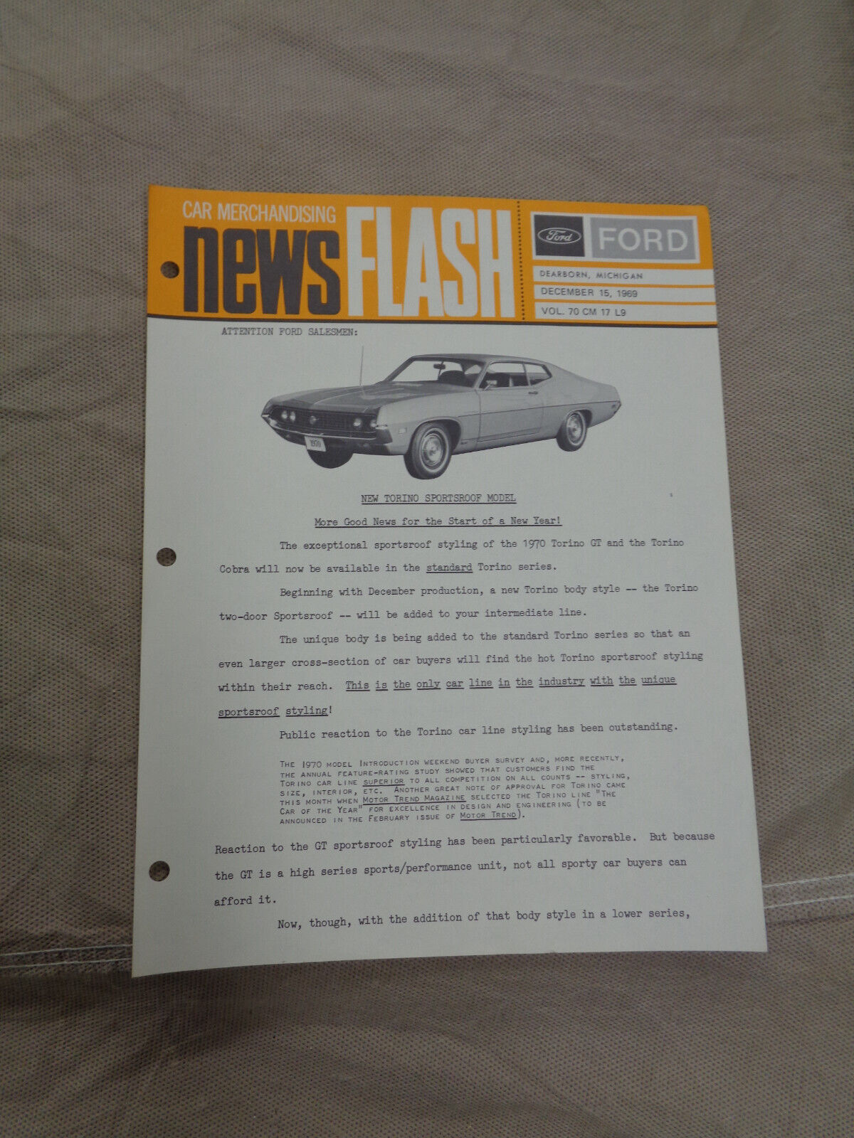 Original Dec 1969 Ford Dealer Merchandising Newsflash New 69 Torino Sportsroof
