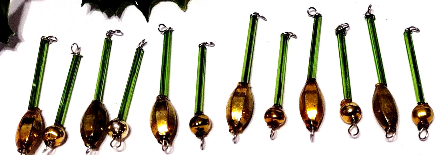 Vtg Christmas Ornaments 12 Mercury Glass Bead Icicles Chartreuse Green Gold sn7