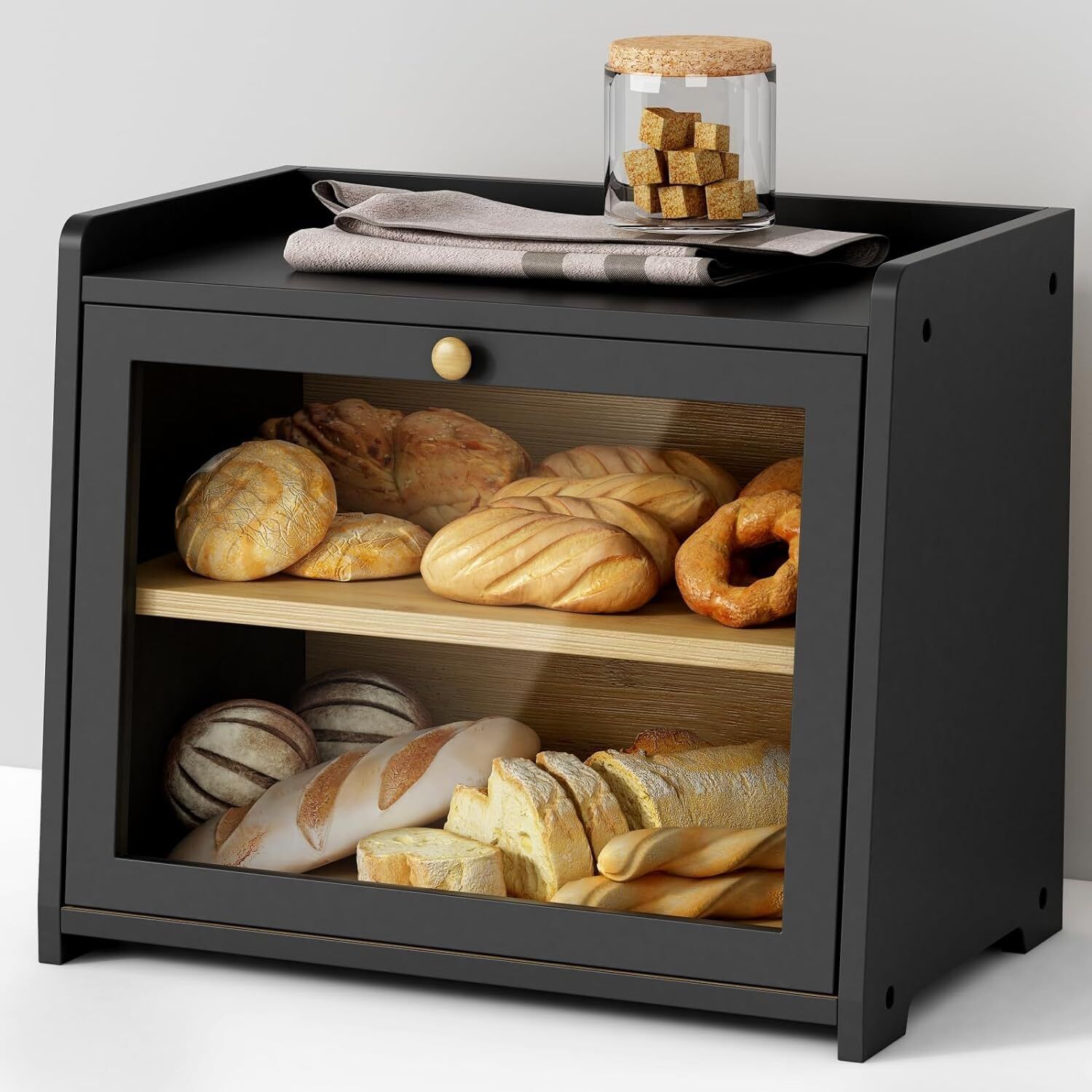 Black Bread Box for Kitchen Countertop, Large Bread Storage Container for Homema