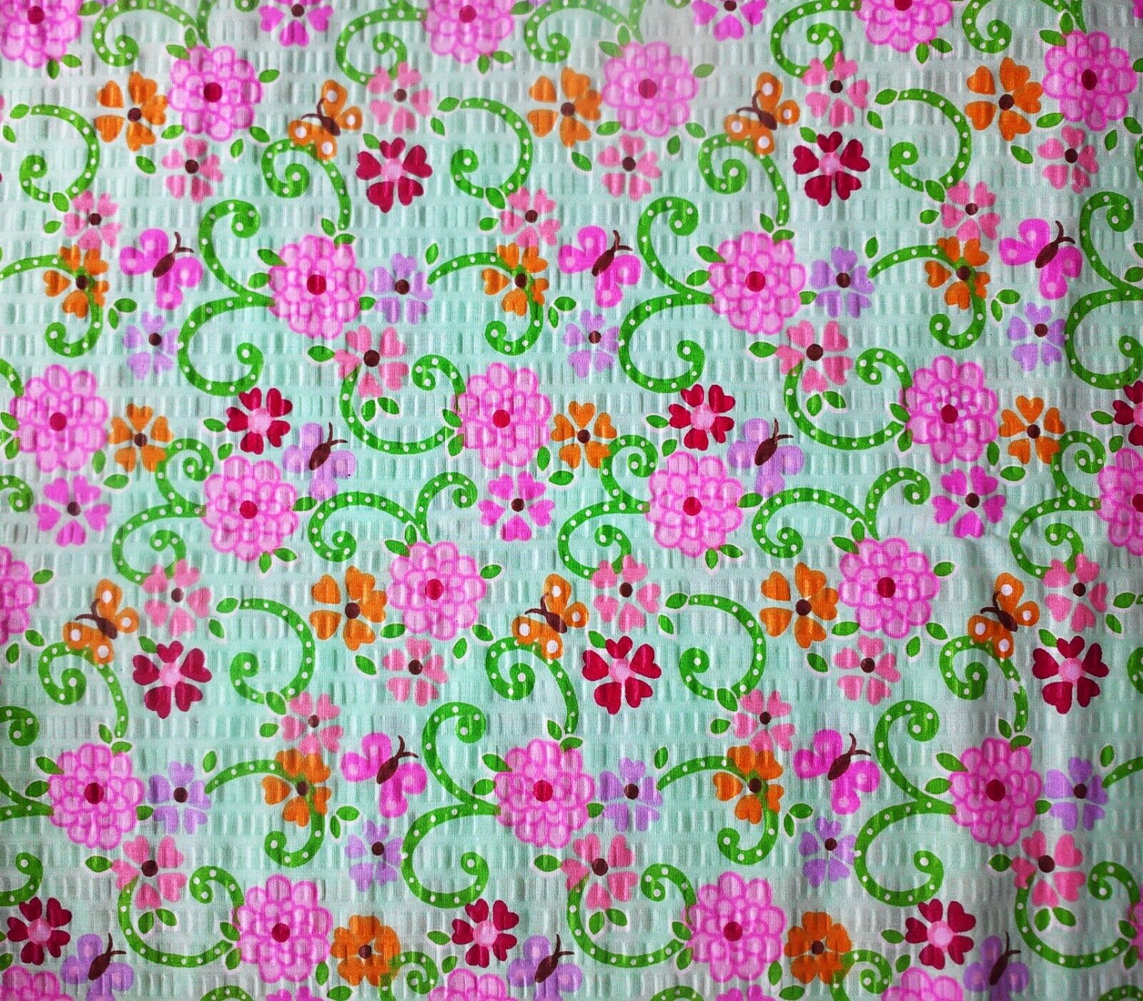 Seersucker Floral Butterfly Mint Green Pink 1.48 Yards Cotton Fabric