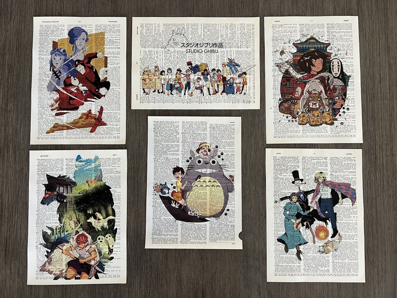 Ghibli Tribute Dictionary Art Print Spirited Away Totoro Howl\'s Kiki - Set of 6