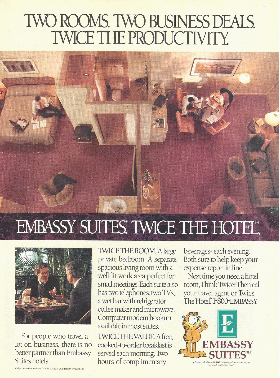 1991 Embassy Suites Hotel Garfield Travel vintage Print AD 90\'s Advertisement