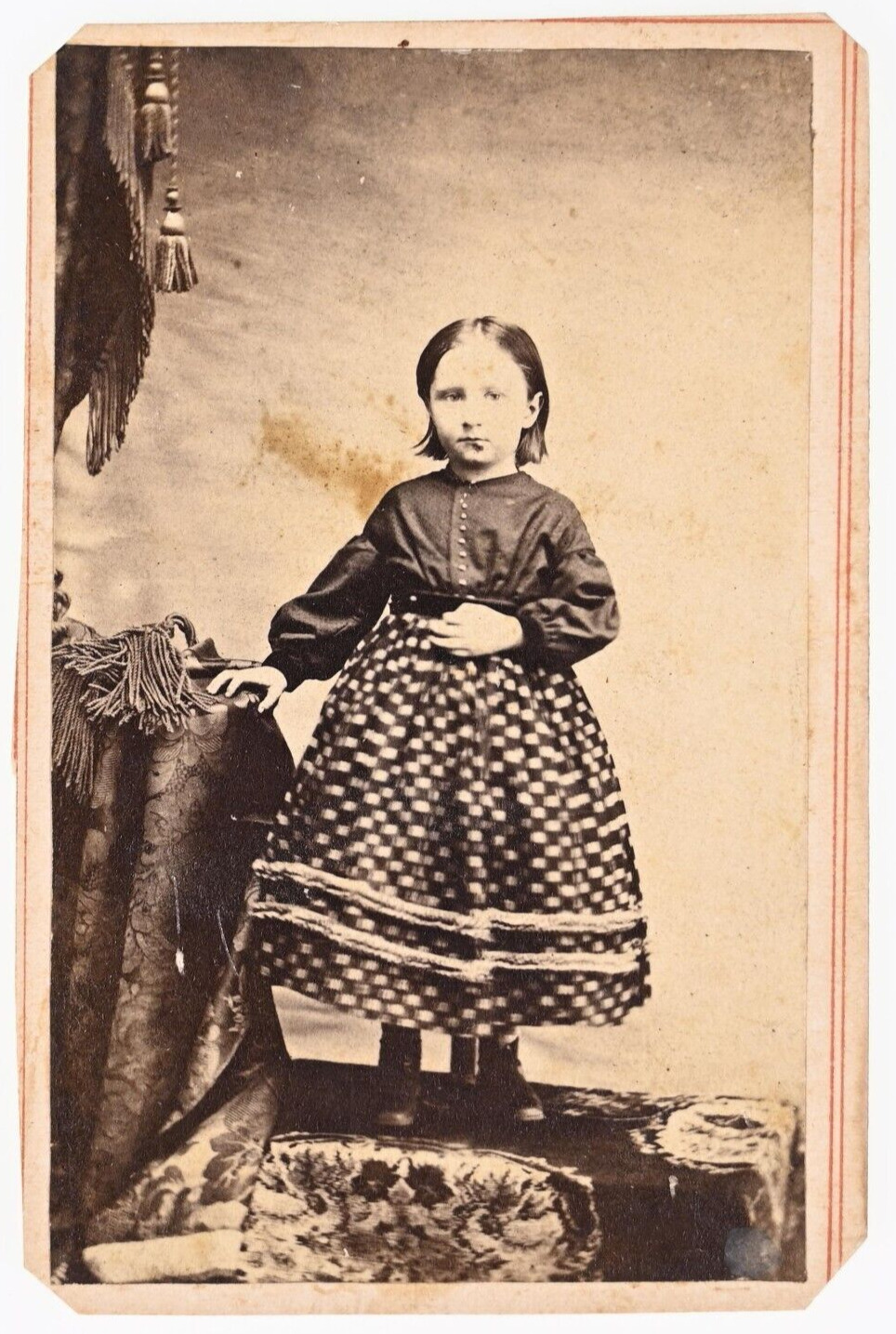 ANTIQUE CDV CIRCA 1860s CUTE LITTLE GIRL IN DRESS J.G. VALLADE ALTOONA PENN.