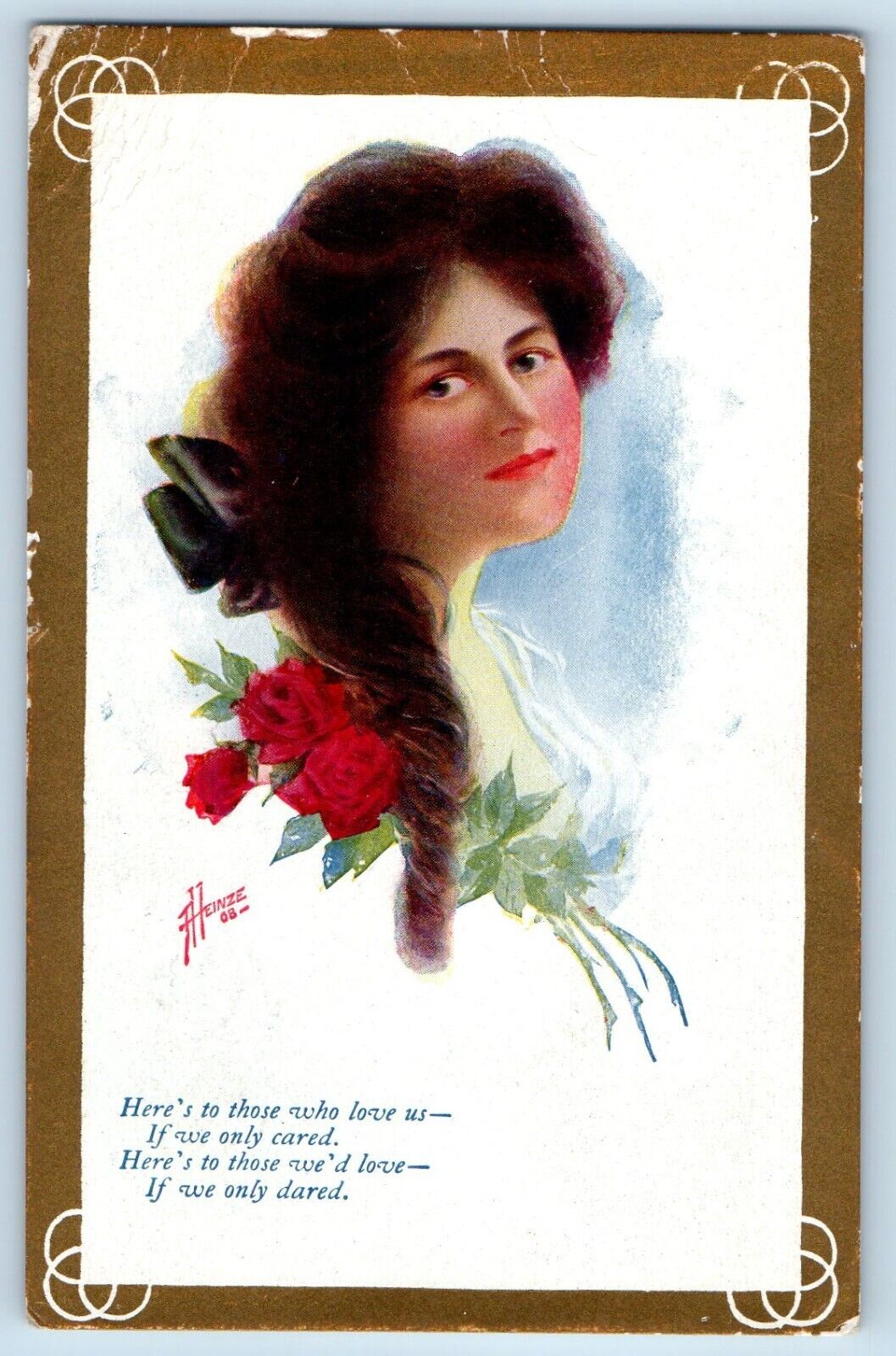 Heinze Signed Postcard Pretty Woman Curly Long Hair Flowers Benton City MO 1911