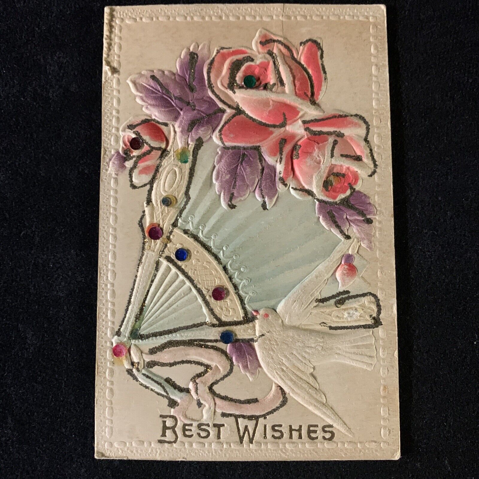 Unique HVY EMB Novelty Antique Postcard. Jewels, Strong Glitter Dove Fan Roses