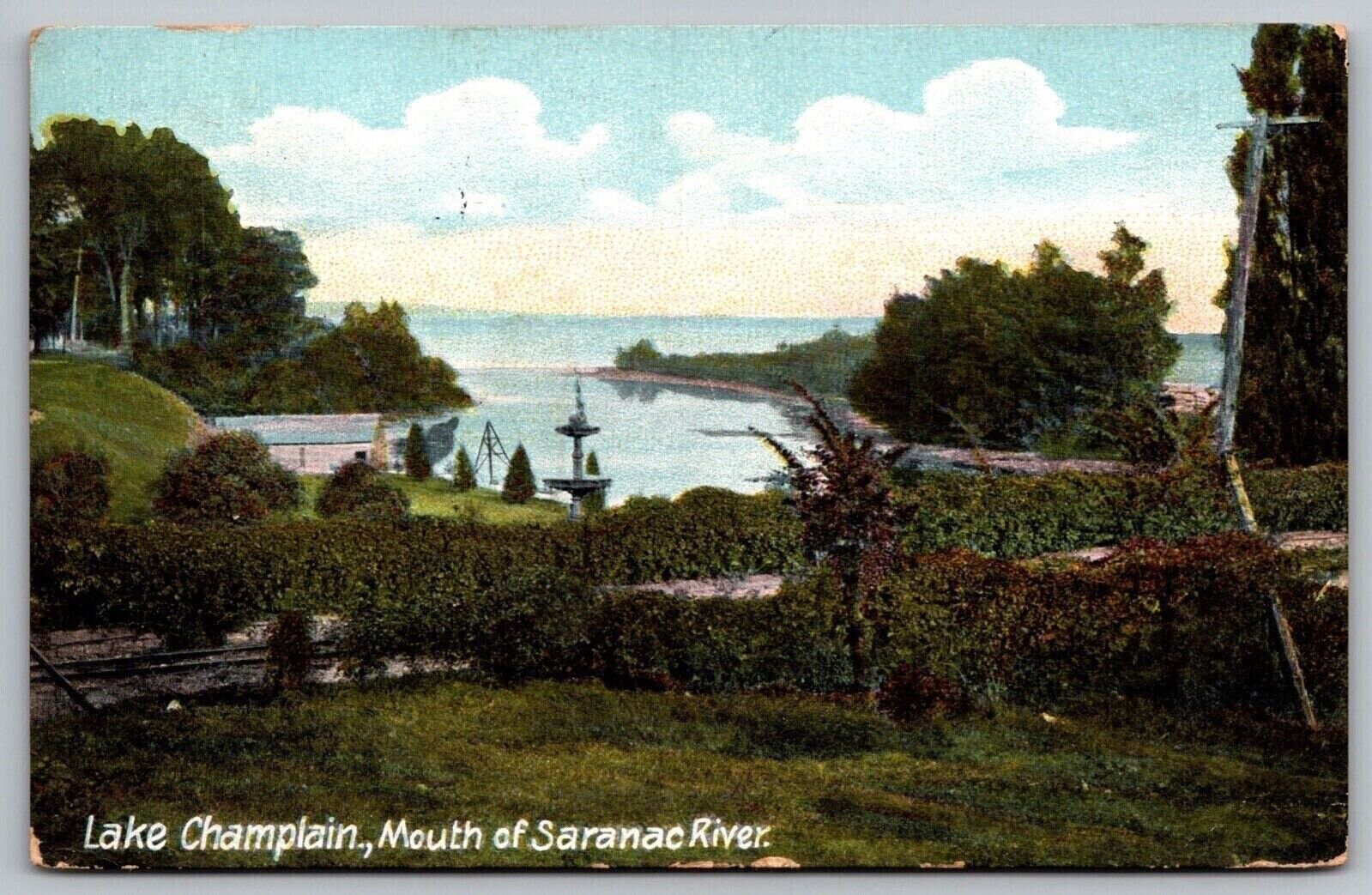 Lake Champlain NY Mouth Saranac River Forest Fountain Antique PM WOB Postcard
