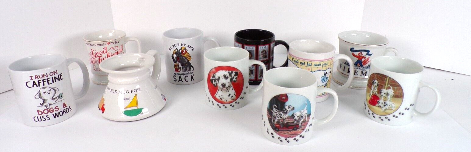INVENTORY CLEARANCE: 10 Vintage Mugs - Fireman, Dalmations, TIME Magazine & More