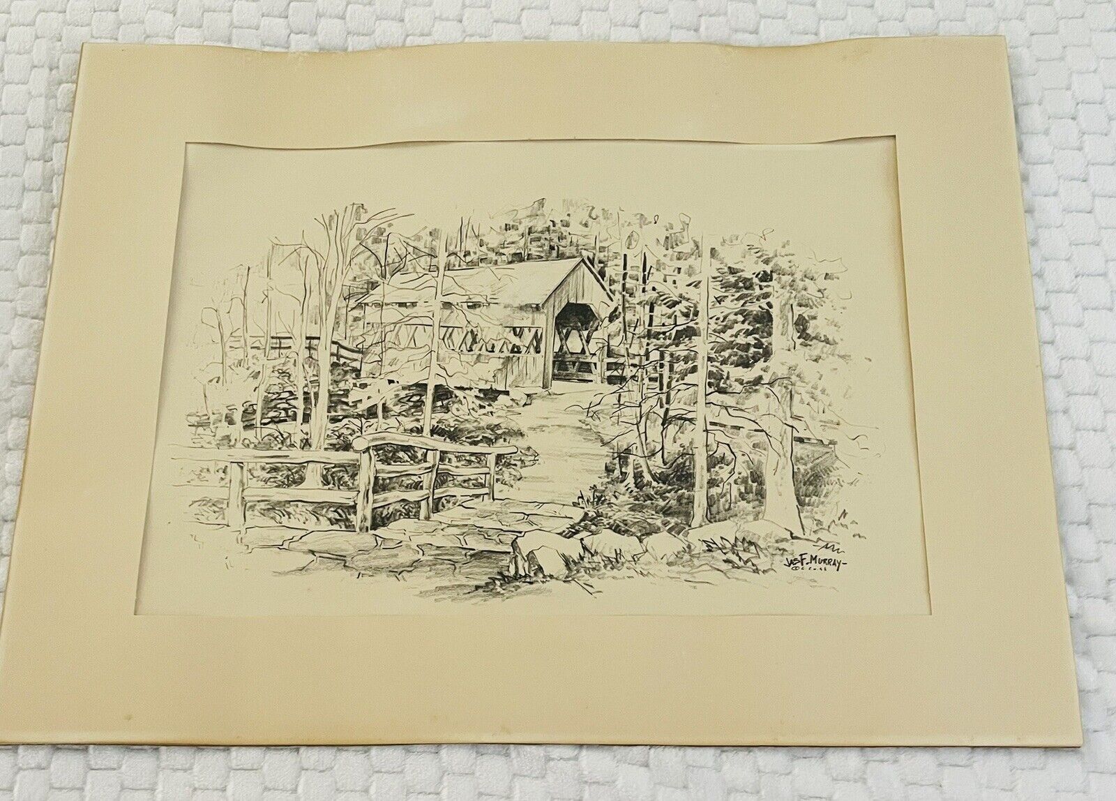 Vintage Jas F. Murray Signed  1958 Pencil Drawing Covered Bridge Unframed