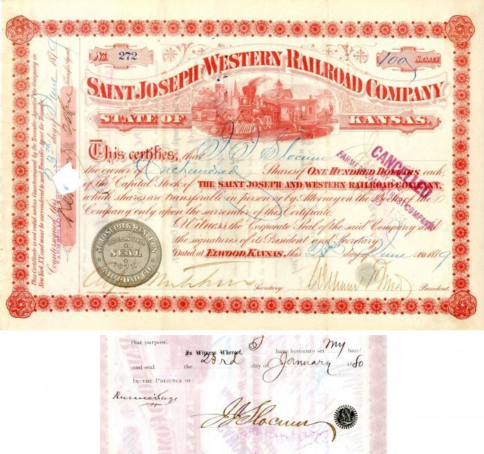 Saint Joseph and Western Railroad Co. signed by Russell Sage and J.J. Slocum - S