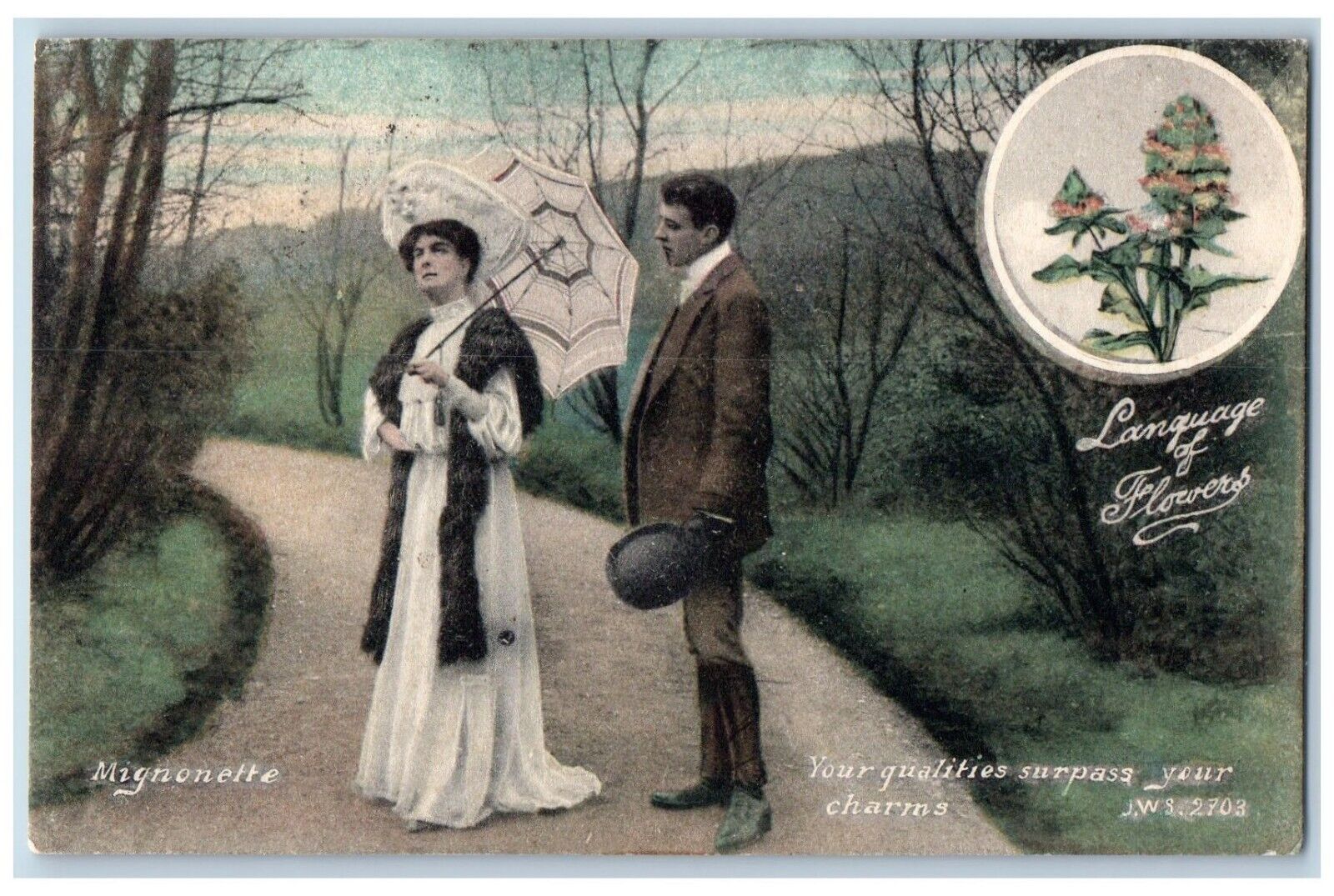 Language Of Flowers Postcard Couple Romance Mignonette c1910\'s Posted Antique