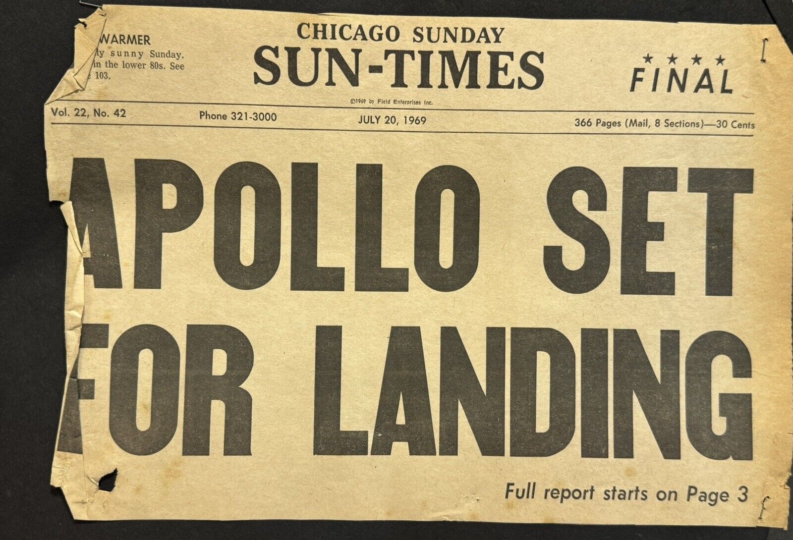 VTG Chicago Sun Times APOLLO 11 “Set For Landing”ARMSTRONG NASA MOON Newspaper