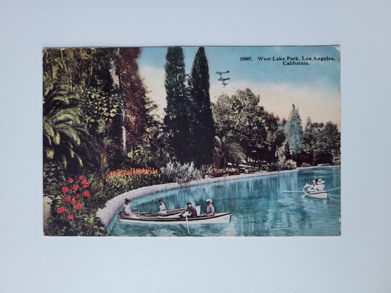 Los Angeles California West Lake Park c1918 Romantic Rowboats Blue Water Posted