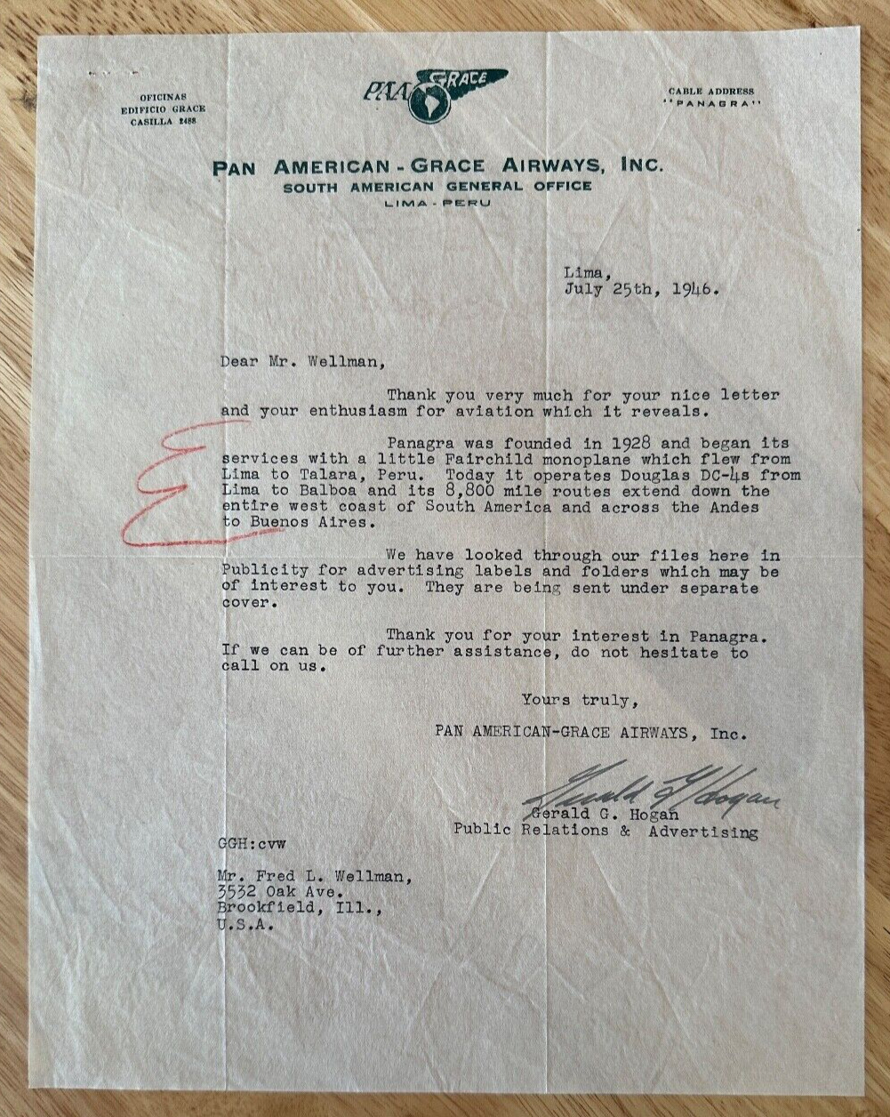 Pan American Grace Airways- 1946 Lima, Peru vintage business letter