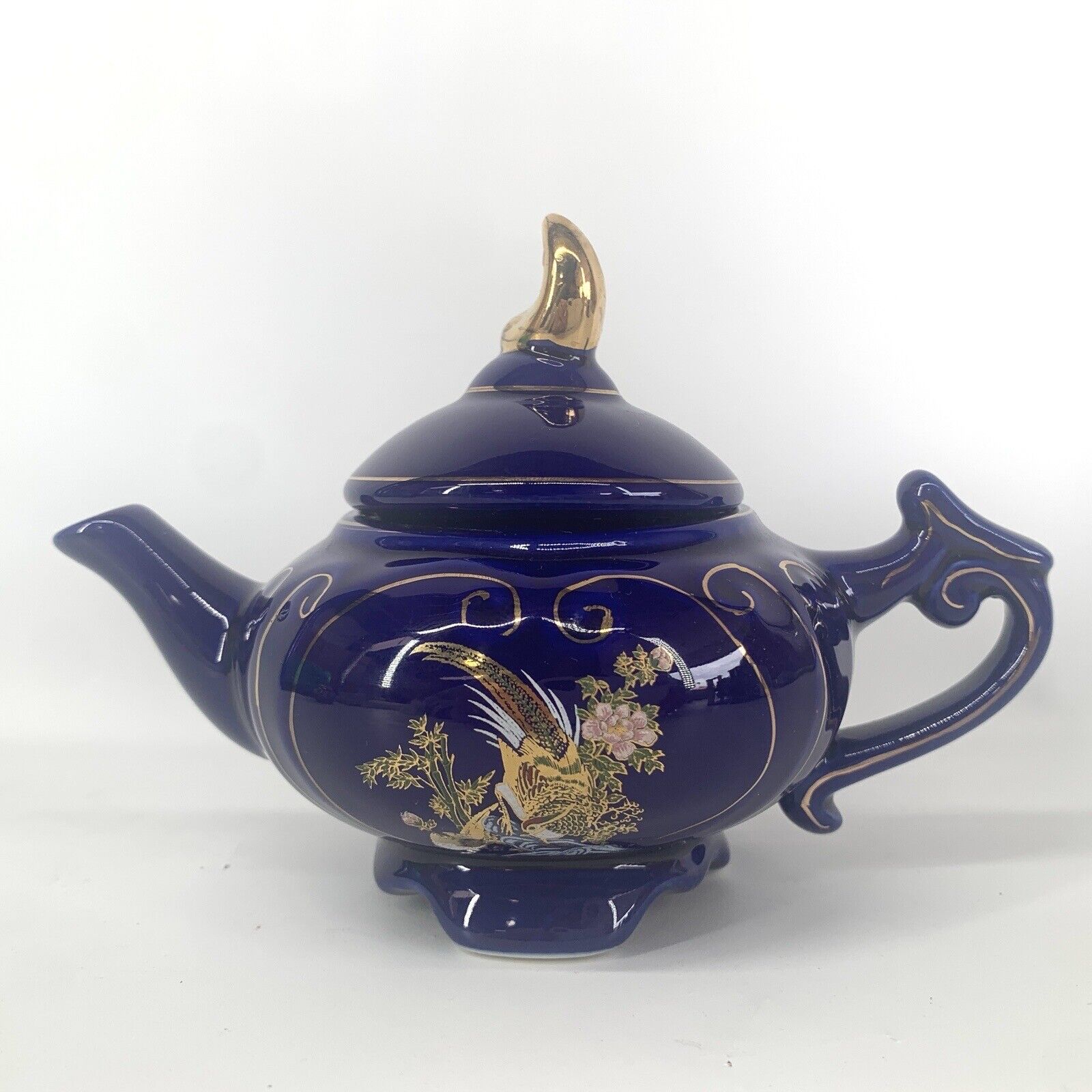 Vintage Teapot Asian Golden Pheasant Cobalt Blue Ceramic With Lid