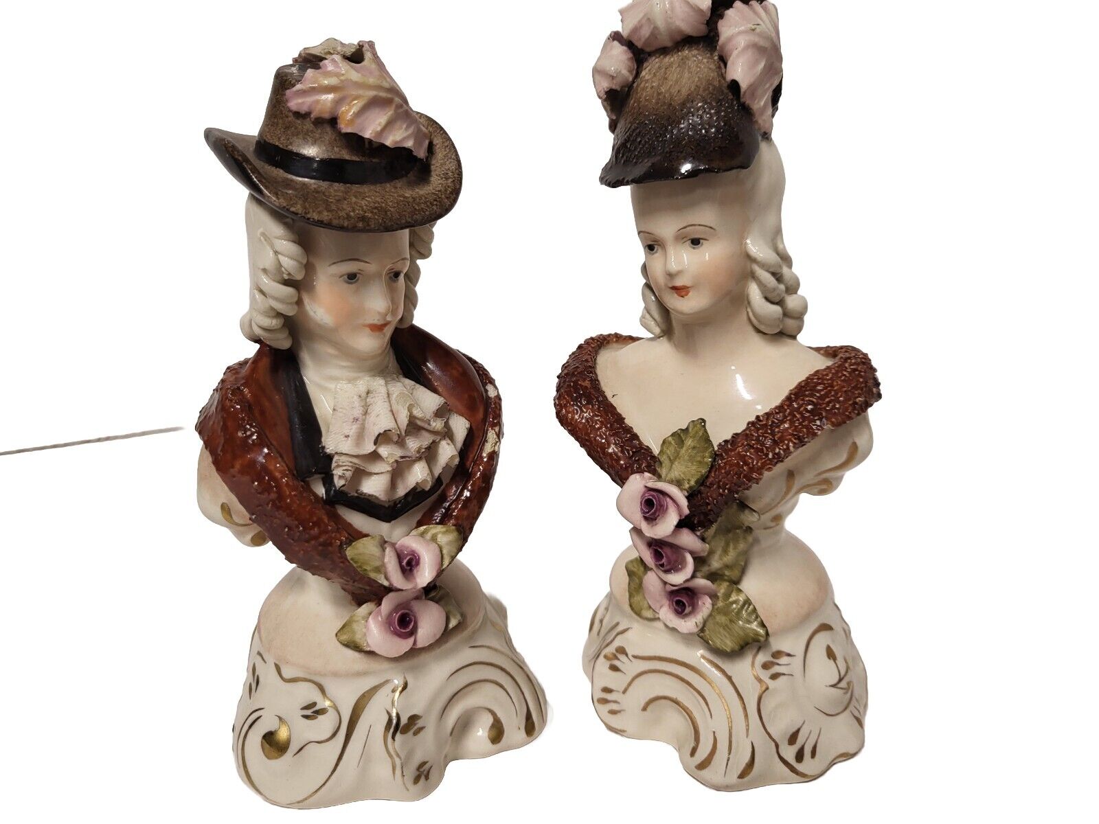 Vintage Pair Cordey Bust Victorian Colonial Cabbage Rose Sugar Finish Figurines 