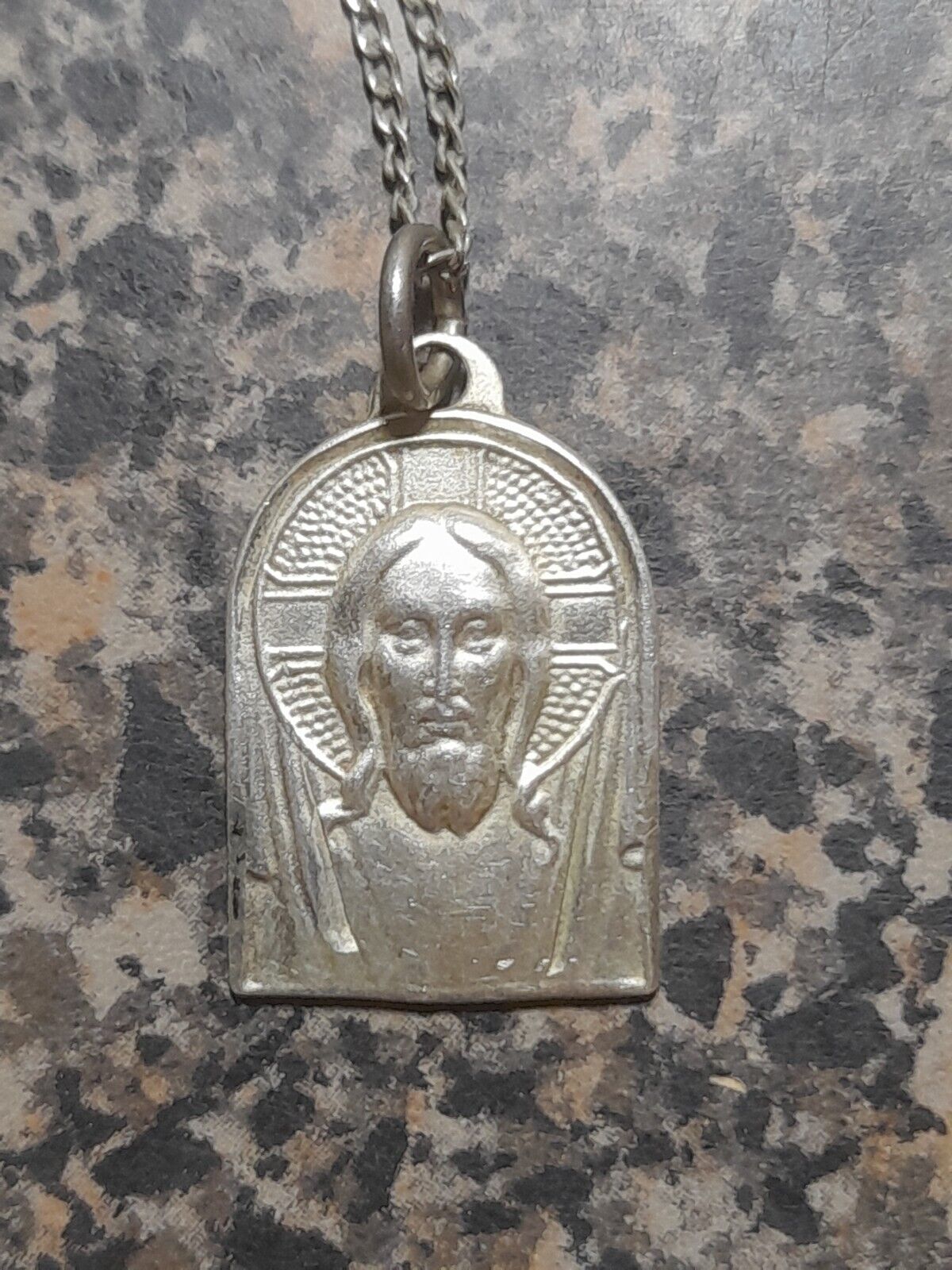 Vintage Sterling Silver Shroud of Jesus Christ Medal Necklace 