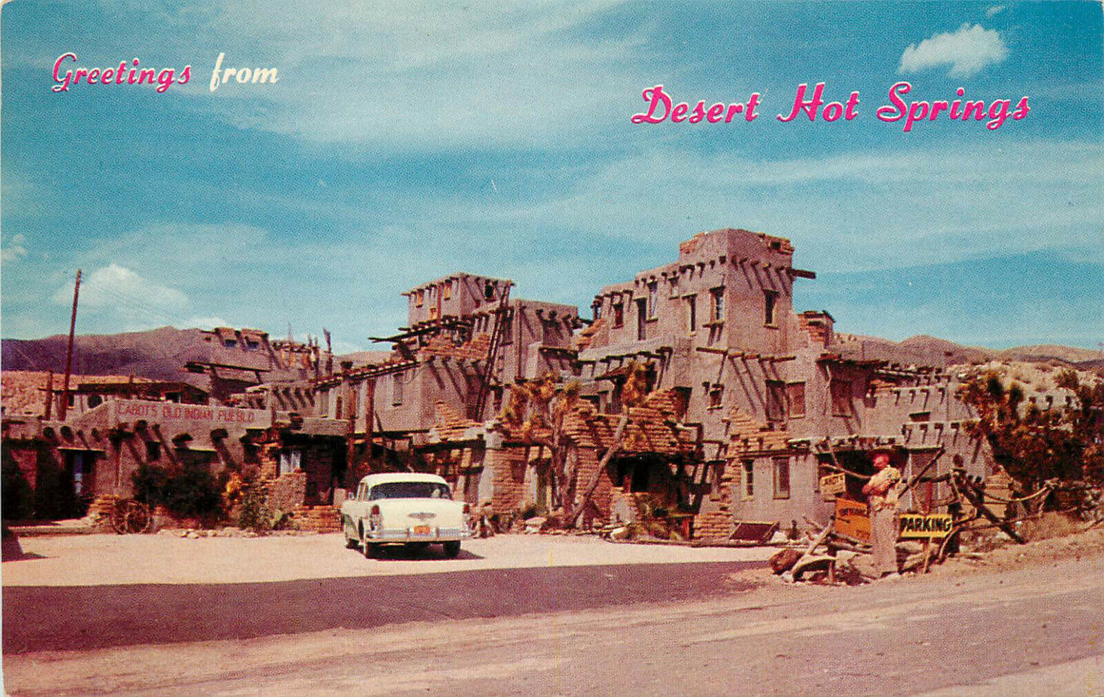 Postcard Greetings from Desert Hot Springs CA Cabot\'s Old Indian Pueblo 